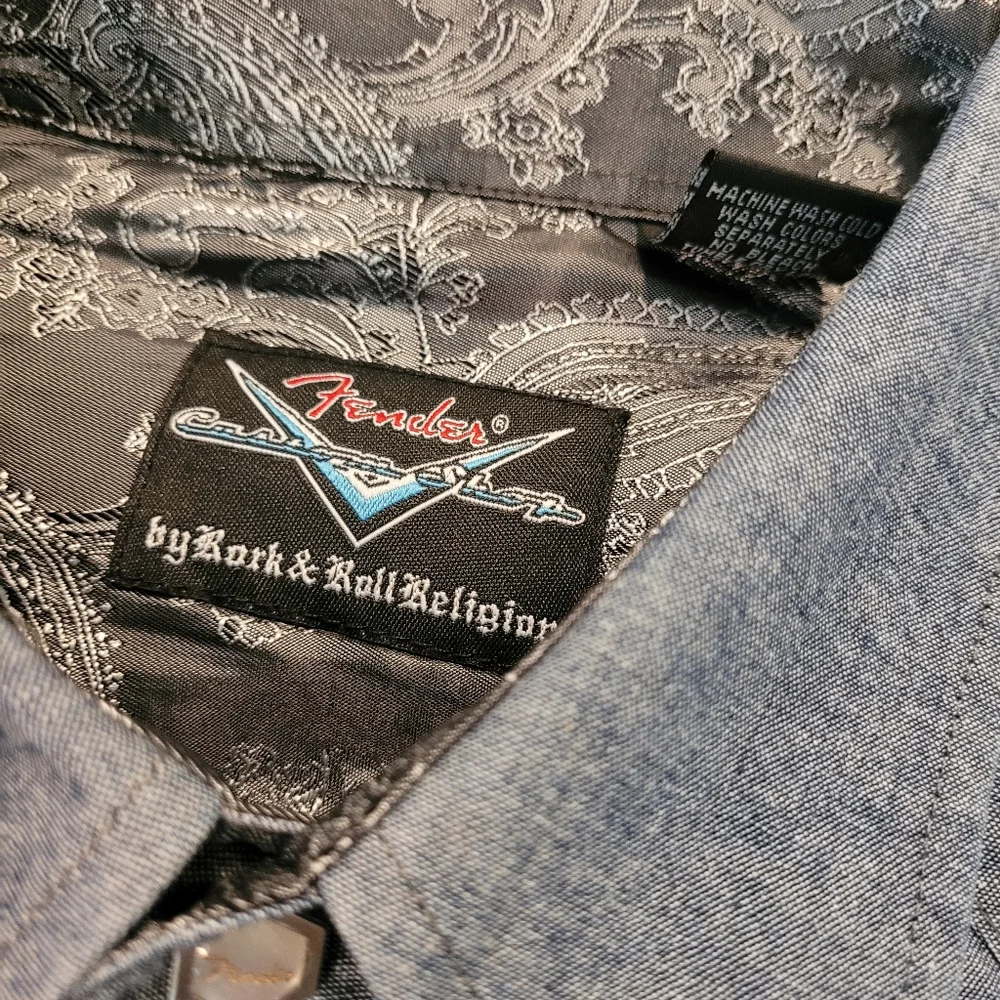 Fender Custom Shop Shirt Mens XL Blue Button Up Rock Roll Religion. Exc. - Picture 7 of 10